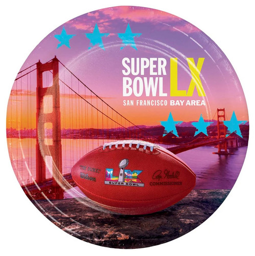 Super Bowl LX Luncheon Plates. Featuring a sunset sky over The Golden Gate Bridge, these round paper plates are accented with a football placed in the foreground and blue stars in the background. "Super Bowl LX SAN FRANCISCO BAY AREA" in white and yellow text at the top. Package includes 8 count plates measuring 8.5 inches.