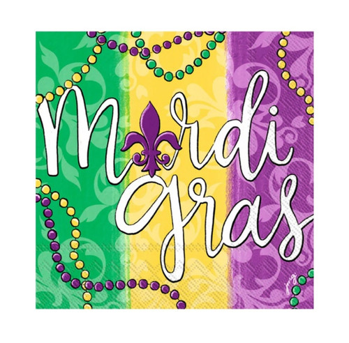 Mardi Gras Beads Beverage Napkins. These 3 ply paper napkins feature a green, yellow, and purple background with strands of beads near the corners. "Mardi Gras" is in white script with a purple fleur de lis in place of the "a" in "Mardi." Package includes 20 count 5in x 5in napkins.