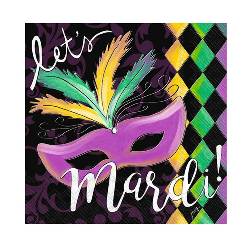 Let's Mardi Beverage Napkins. These 3 ply paper napkins feature a black background with dark purple filigree that transitions to a diamond pattern of purple, green and gold. A purple eye mask with green and gold feathers sits between the words "let's Mardi!" in white script. Package includes 20 count 5in x 5in napkins.