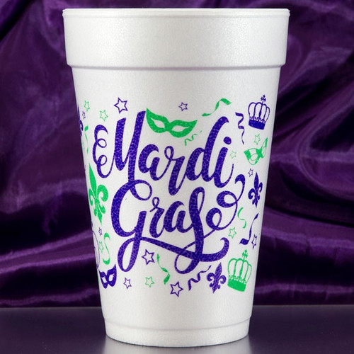 Mardi Gras Script Styrofoam Cups. 16 oz white Styrofoam Cups, featuring "Mardi Gras" in purple script surrounded by green and purple confetti and Mardi Gras symbols such as masks, crowns, and fleur de lis. Each sleeve includes 10 durable cups, perfect for hot or cold drinks at your holiday gathering. Add a festive touch with these must-have cups.