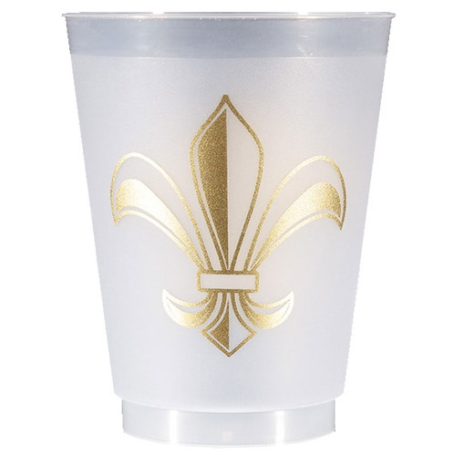 Fleur de Lis Frost Flex Cups. 16 oz clear Frost Flex Cups, featuring a gold fleur de lis. Each sleeve includes 10 durable plastic cups, perfect for cold drinks at your holiday gathering. Add a festive touch with these must-have cups.
