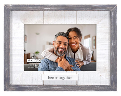 Better Together Wood Sentiment Gray Picture Frame. This rustic white and gray wood frame features "better together" in a simple font underneath the space for a photo. Hang it on the wall or set it on a table. Measures 8.5in x 6.5in and holds a 4in x 6in photo.