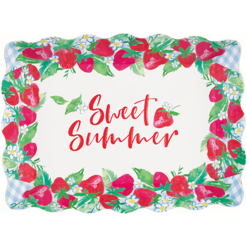 Sweet Strawberry Paperboard Serving Tray. This white, scalloped, printed paperboard tray has a blue gingham border decorated with red strawberries, greenery, and tiny white flowers. Centered is "Sweet Summer" in red script, accented with another strawberry and white flowers. Package includes 1 count tray, measuring 14in x 10.25in.