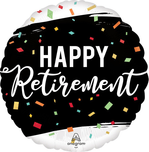 This Happy Retirement Balloon is a white circular balloon with a black smear across the middle covered in multicolor confetti. "HAPPY Retirement" is in white text with a combination of capital letters and script. Balloon is approximately 17 inches after inflation.