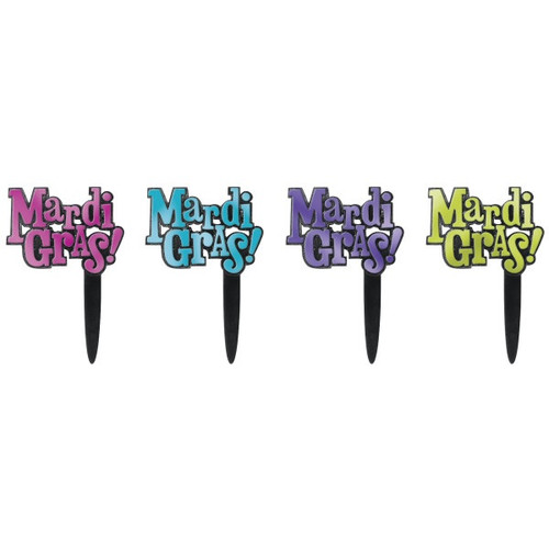 Mardi Gras Foil DecoPics. These black plastic picks feature "Mardi Gras!" in an assortment of magenta, turquoise, purple, and green foil text. Amount of each color foil will vary. Package includes 6 count picks measuring 1.65in x 2.45in.