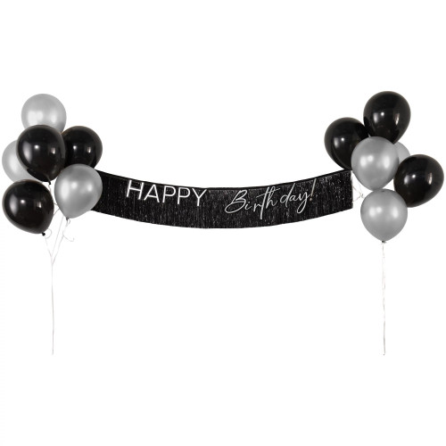 Happy Birthday Fringe Banner with Balloons. This black fringe foil banner features "HAPPY Birthday" in a combination of capital letters and script in silver on shaped cardstock. Banner measures about 8in x 6ft. Package includes 12 count 12in balloons in black and silver.