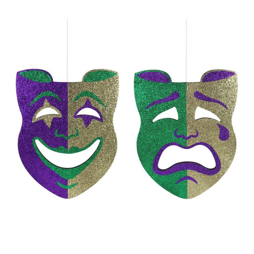 Glittered Eva Comedy/Tragedy Mask. With a choice between comedy or tragedy, this mask is made from durable EVA foam and adorned with sparkling glitter in purple, green, or gold. Lightweight yet sturdy, it’s perfect for wall décor, party accents, or as a vibrant addition to Mardi Gras festivities. Measures 20in x 15.5in.