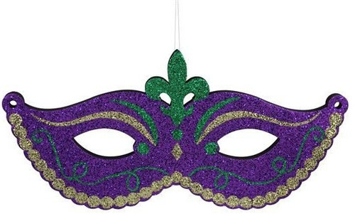 Glittered Eva Mardi Gras Mask - purple. Measuring 46 inches by 22.25 inches, the mask is made from durable EVA foam and adorned with sparkling glitter in your choice of purple, green, or gold. Lightweight yet sturdy, it’s perfect for wall décor, party accents, or as a vibrant addition to Mardi Gras festivities.