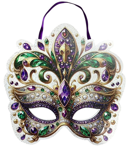Glitter Mardi Gras Mask Door Hanger! This shaped white fiberboard decoration features a print of a purple, green, and gold jeweled masquerade mask, sprinkled with gold iridescent glitter and attached to a purple ribbon hanger. Measures 20in x 20in.
