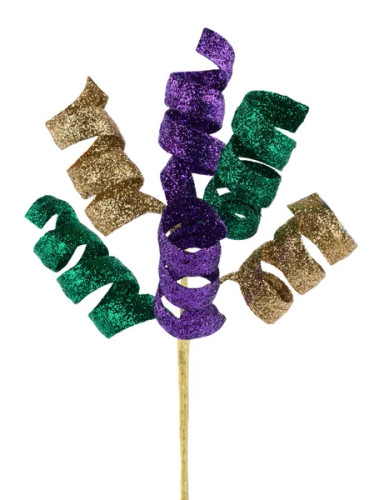 Purple, green, and gold curled pick