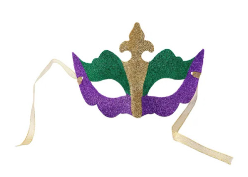 Purple, gold, green mardi gras mask with a gold fleur de lis symbol in the center