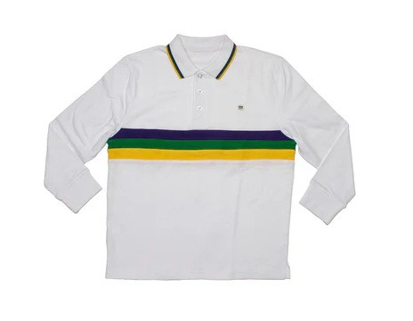 Mardi Gras Stripe Long Sleeve Polo Shirt. This long sleeve shirt is white with small purple, green, and gold stripes along the collar and large stripes across the chest, and features white buttons. Available in 2X Small, X Small, Small, Medium, Large, and X Large.
