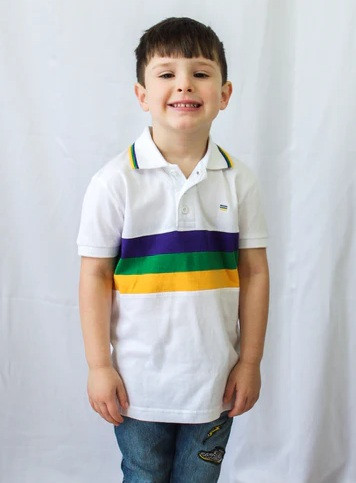 Mardi Gras Stripe Short Sleeve Polo Shirt. This short sleeve shirt is white with small purple, green, and gold stripes along the collar and large stripes across the chest, and features white buttons. Available in 2X Small, X Small, Small, Medium, Large, and X Large.