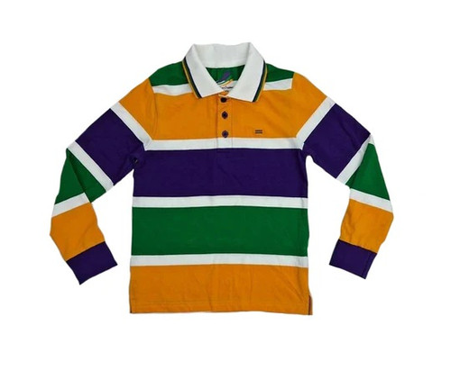 Kid Mardi Gras Thick Rugby Stripe Long Sleeve Shirt. This long sleeve cotton shirt is striped in purple, green, and gold, with smaller white stripes in between, and features three purple buttons. Color order of stripes will vary. Available in 2X Small, X Small, Small, Medium, Large, and X Large.