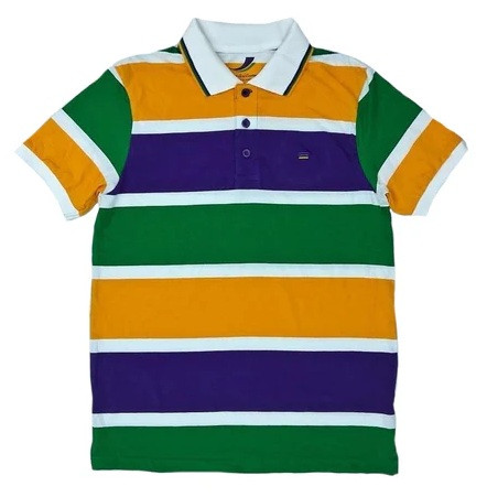 Adult Mardi Gras Thick Rugby Stripe Short Sleeve Shirt. This short sleeve cotton shirt is striped in purple, green, and gold, with smaller white stripes in between, and features three purple buttons. Color order of stripes will vary. Available in X Small, Small, Medium, Large, X Large, 2X Large, and 3X Large.