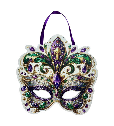 Glitter Mardi Gras Mask Mini Door Hanger. This shaped white fiberboard decoration features a print of a purple, green, and gold jeweled masquerade mask, sprinkled with gold iridescent glitter and attached to a purple ribbon hanger. Measures 8in x 8in.