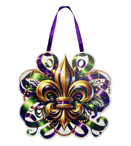 Glitter Fleur De Lis Mini Door Hanger. This shaped white fiberboard decoration features a print of a gold Fleur de Lis over purple green and gold ribbons and beads, sprinkled with gold iridescent glitter and attached to a purple ribbon hanger. Measures 7.5in x 8in.
