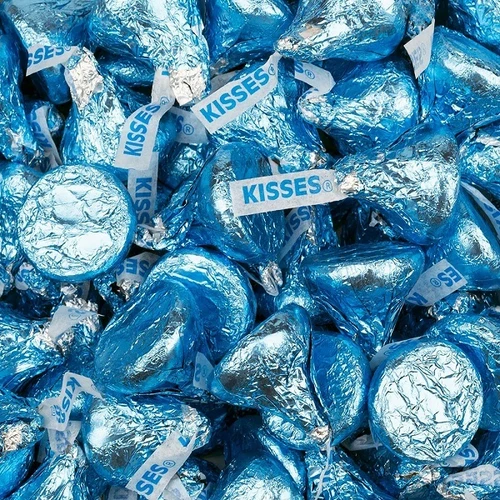 Light Blue Hersheys Kisses. These classic milk chocolate kisses wrapped in light blue foil are a perfect addition to weddings, birthdays, holidays, baby showers, and more. Net weight 8 ounces.