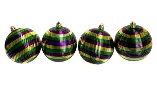 Mardi Gras Striped Round Ornaments. This set includes 4 ornaments with shimmery metallic horizontal stripes in purple, green, and gold. Package includes 4 count ornaments measuring 2.75in.