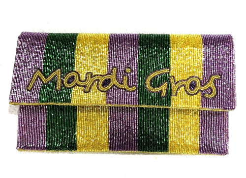 Mardi Gras Striped Wallet Purse with Gold Chain. This beaded purse features stripes in purple, green, and gold, with "Mardi Gras" in gold script, outlined in purple. It's inner lining is a tan color fabric, includes a pocket, a gold snap closure, and a long gold chain. Measures 10in x 5.5in.