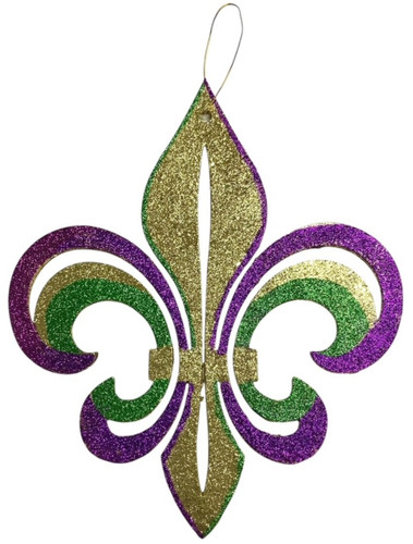 Glitter Fleur De Lis Hanger. This fleur de lis shaped fiberboard decoration is coated in purple, green, and gold glitter, attached to a gold hanger. The underside has gold glitter. Measures 14.75in x 17.5in.