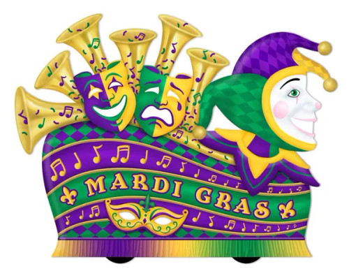 this colorful design features classic Mardi Gras elements including comedy and tragedy masks, musical notes, and a festive jester—all in traditional purple, green, and gold.