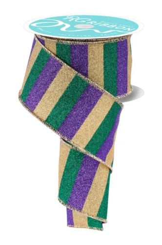 This ribbon features horizontal thick stripes in glittered purple, green, and gold.