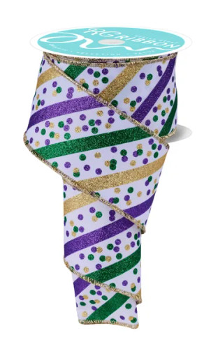 This ribbon is white and features glitter diagonal stripes and confetti dots in traditional purple, green, and gold.