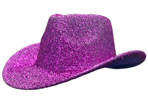 Purple Tinsel Cowboy Hat. This shimmery purple hat features a tinsel texture with a soft purple felt inner lining. One size fits most.