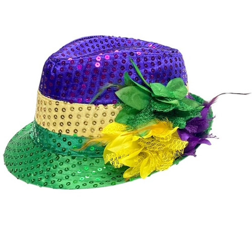 Mardi Gras Sequin Light Up Fedora. This classic fedora style hat features green, gold, and purple sequin sections with green lights along the band. On one side is an accent of purple, green, and gold fabric flowers and feathers. It has fast blinking, slow blinking, and steady light up modes. One size fits most.