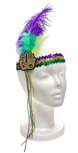 Mardi Gras Mask Feathered Elastic Headband. This accessory features a purple, green, and gold sequined eye mask, accented with feathers and strands of tiny beads, set on an elastic headband covered in matching purple, green, and gold sequins. One size fits most.