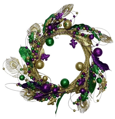 Glitter Mardi Gras Wreath with Peacock Feathers. This decorative wreath features an assorted design of purple, green, and gold leaves, balls, and tiny fleur de lis, accented with gold glittered peacock feather shapes. Measures 20in.