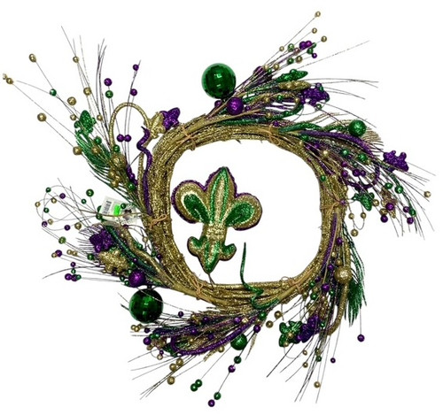 Glitter Mardi Gras Wreath with Fleur de Lis. This decorative wreath features an assorted design of purple, green, and gold sprays, tubes,  balls, and tiny fleur de lis, accented with a larger glitter fleur de lis to be posed in the center. Measures 24in.