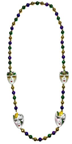 Mardi Gras Mask Bead Necklace. This metallic purple, green, and gold beaded necklace features four 2in white face masks with painted and glittery details. One size fits most.