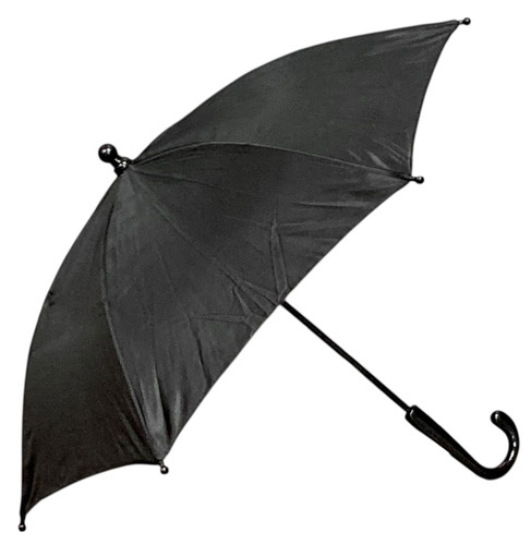Small Black Umbrella. This mini umbrella features black panels with a black handle and accents. Measures 20in x 14in.