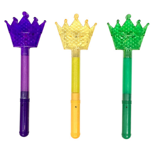 Mardi Gras Light Up Crown Wands! These translucent purple, green, and gold crowns sit at the ends of light up wands. Package includes 12 count favors measuring 13.5in x 4.5in.