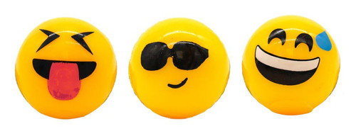 Light Up Smiley Bounce Balls. These yellow bounce balls light up red and yellow when bounced, and feature expressions such as smiling with tongue out, heart eyes, sweat drop, cool shades and more. Package includes 12 count favors measuring 2in.