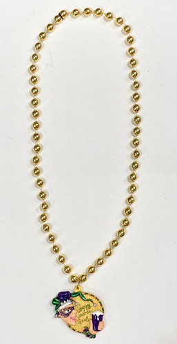 Beer Bead Necklace. This necklace features gold metallic beads with a shaped pendant (2.5in) of a metallic gold circle along with the profile of a Jester's face and a hand holding a beer in a purple cup. One size fits most.