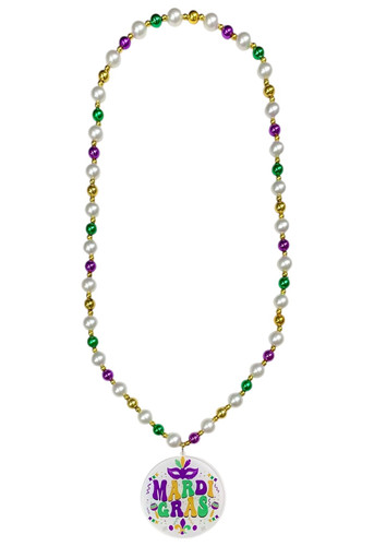Mardi Gras Medallion Bead Necklace. This necklace features white pearl beads smaller metallic purple, green and gold beads, and smaller metallic gold bead spacers. It includes a circular acrylic medallion with "MARDI GRAS" in purple, green, and gold text, surrounded with confetti, a mask, and fleur de lis. Smal blue, green, and white lights in the medallion can be set to fast blinking, slow blinking, and steady. One size fits most.