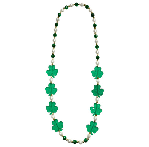 Acrylic Shamrocks Bead Necklace. This necklace features white pearl plastic beads, metallic green beads, and tiny metallic gold bead spacers, with translucent green acrylic shamrocks. One size fits most.