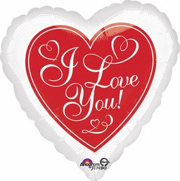 This white, heart shaped balloon has an inner red heart with "I Love You!" in white script. Balloon is approximately 28 inches after inflation.