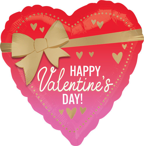This heart shaped balloon transitions from red to pink, wrapped in a gold bow, with "HAPPY Valentine's DAY!" in white capital letters and script. Balloon is approximately 18 inches after inflation.