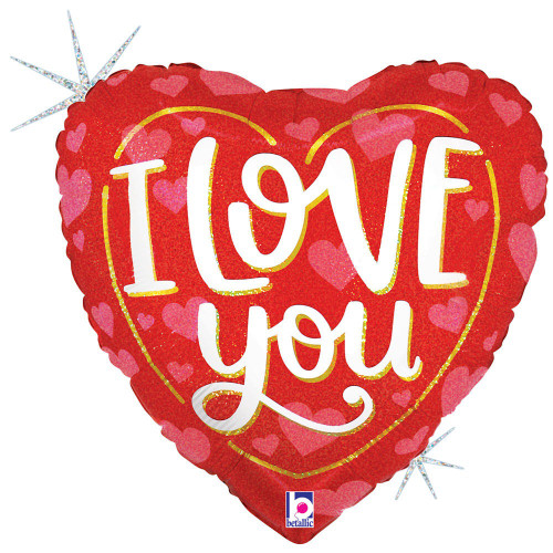 This red heart shaped balloon features a pattern of pink hearts and "I Love you" in white text inside a gold heart outline. Balloon is approximately 18 inches after inflation.