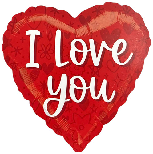 I Love You Script Balloon. This red heart shaped balloon features a darker red pattern of flowers, stars, and hearts and "I Love you" in white script. Balloon is approximately 17 inches after inflation.