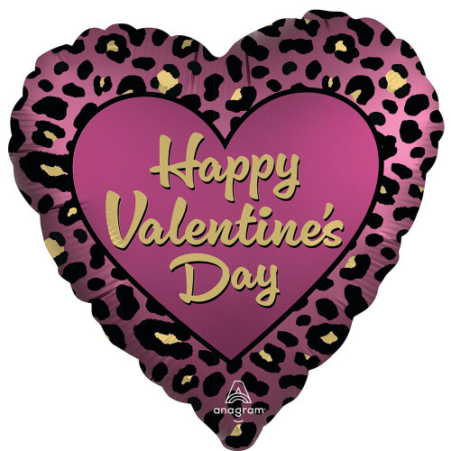 This pink heart shaped balloon features a leopard print in black and gold with "Happy Valentine's Day" in gold script. Balloon is approximately 18 inches after inflation.