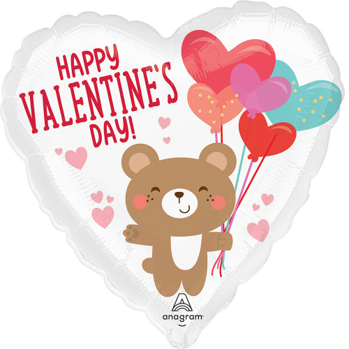 This white heart shaped balloon features a brown bear holding a bouquet of heart shaped balloons with "HAPPY VALENTINE'S DAY!" in red text. Balloon is approximately 17 inches after inflation.