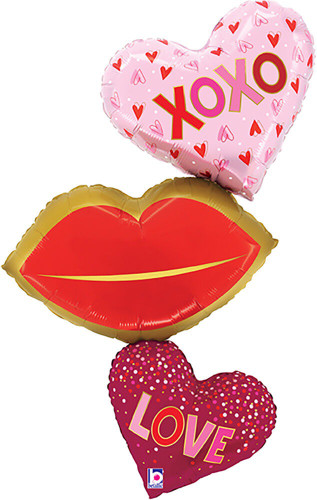 This shaped balloon features an uneven stack of a dark pink heart with "LOVE" in pink and red text, red lips with gold outlines, and a light pink heart with "XOXO" in pink and red text. Balloon is approximately 40 inches after inflation.
