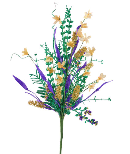 Mardi Gras Glitter Flowers & Leaves Spray. This plastic, paper, and styrofoam spray features leaves and flowers in purple, green, and gold glitter. Measures 24in.