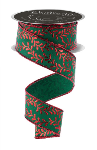 Red Foil Leaf Garland Ribbon. This dark green polyester ribbon features a design of red leafy vines with shimmery red borders. Measures 1.5in x 10yds.