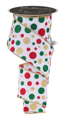 Christmas Polka Dot Ribbon. This white polyester ribbon features glittery polka dots in green, gold, and red. Measures 2.5in x 10yds.